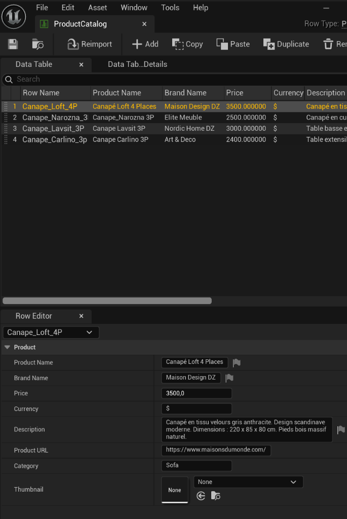 Product Catalog Data Table